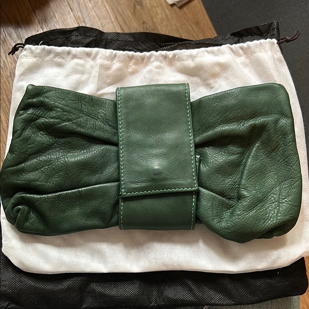 Green Leather Clutch w Shoulder Strap
